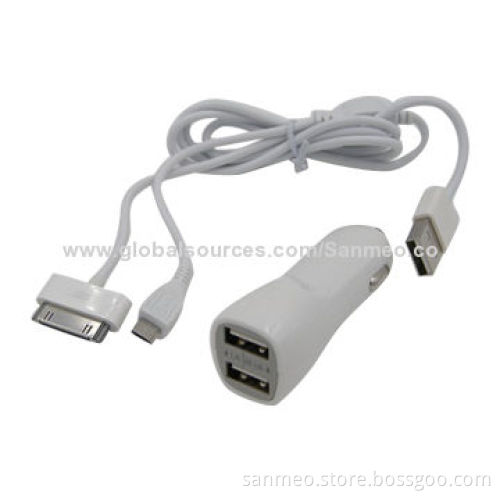 3-in-1 Dual USB Port Car Charger for iPhone/iPad/Micro USB, Simple Clean/Fashionable DesignNew
